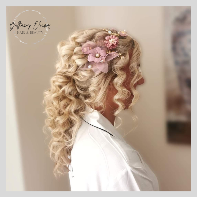 Image of bridal hair, curled and braided by Bethany Eleanor Hair & Beauty